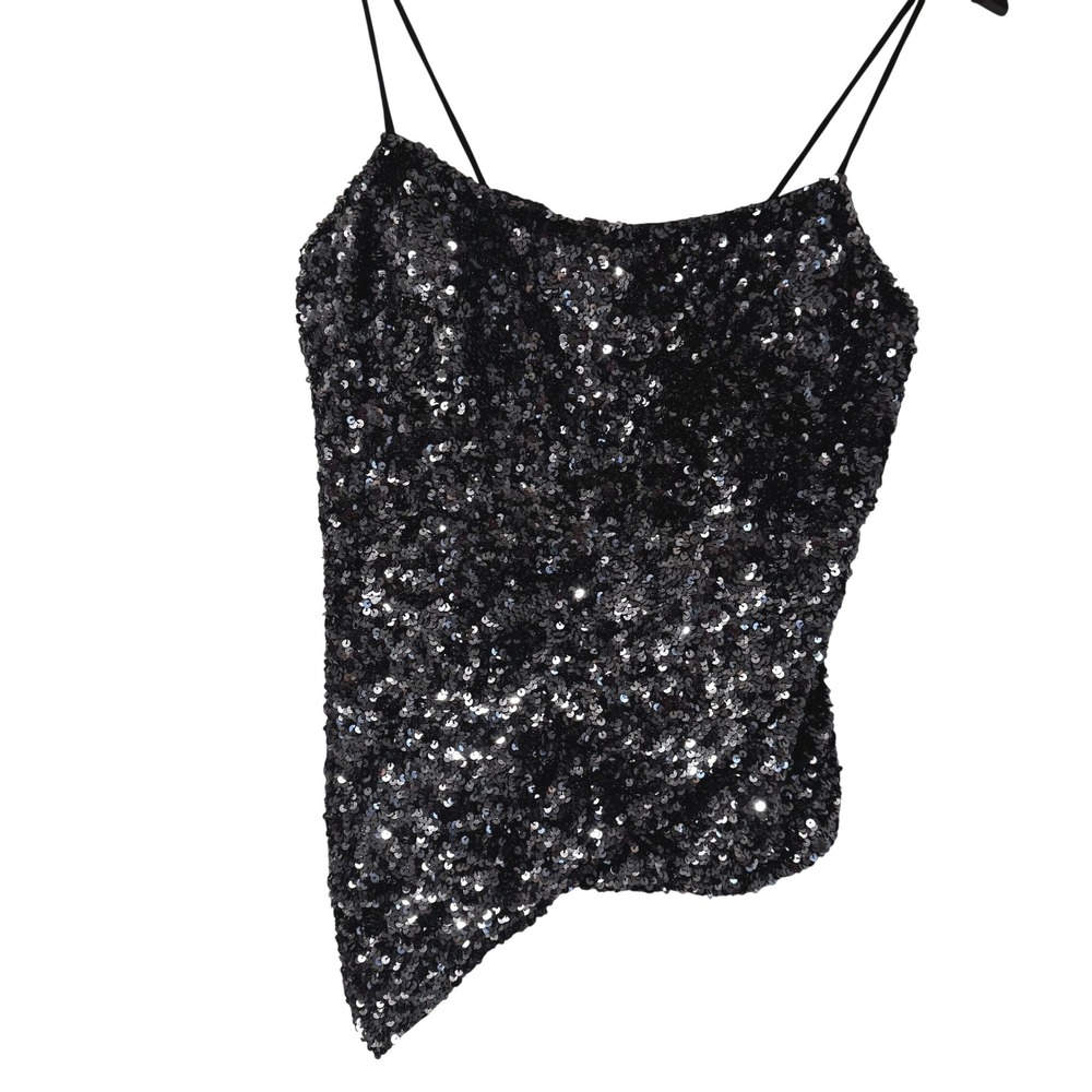 Vintage Cache Black Silk Sequin Top Asymmetrical Fairy Y2K Beaded Whimsigoth